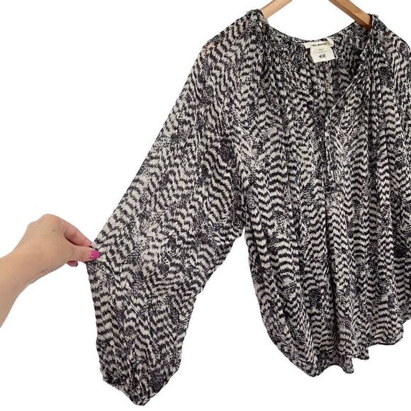 Isabel Marant Pour H&M 100% Silk Sheer Balloon Sleeve Blouse Black Ivory Women 2 - Picture 6 of 9